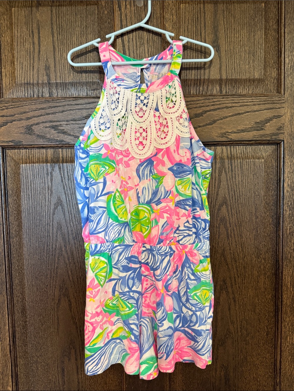 Lilly Pulitzer Girls Pink Blue Green Floral One-Piece Romper with Lace Yoke